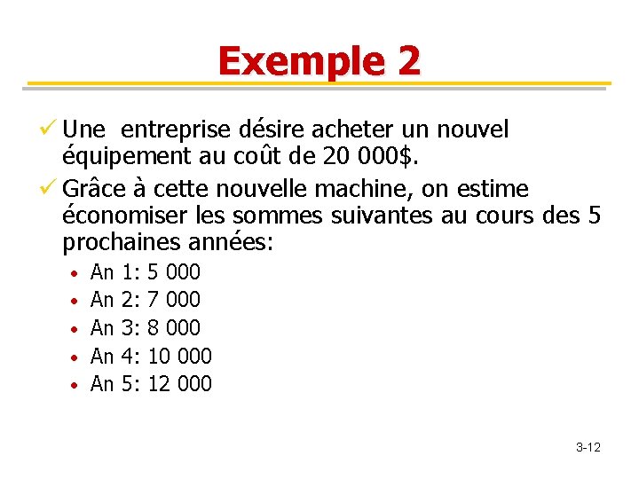 Exemple 2 ü Une entreprise désire acheter un nouvel équipement au coût de 20