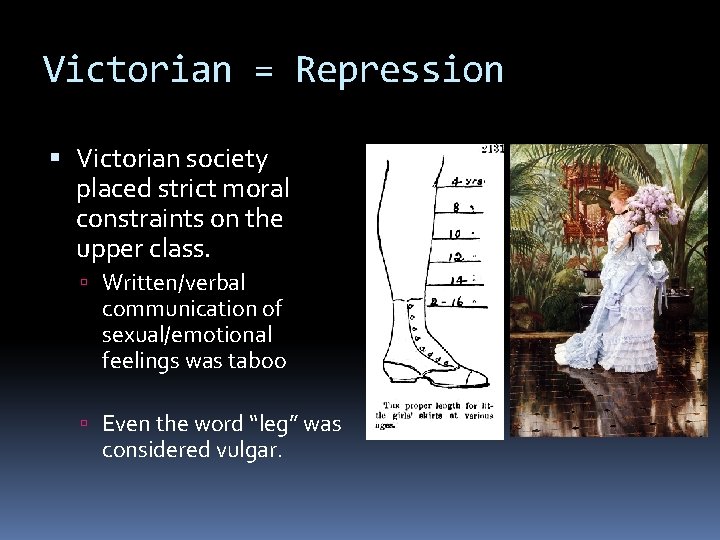 Victorian = Repression Victorian society placed strict moral constraints on the upper class. Written/verbal