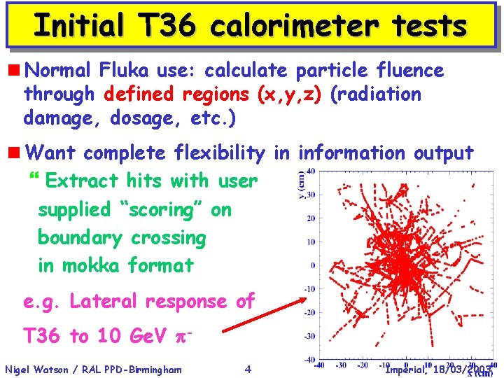 Initial T 36 calorimeter tests <Normal Fluka use: calculate particle fluence through defined regions