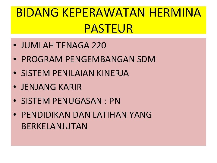 BIDANG KEPERAWATAN HERMINA PASTEUR • • • JUMLAH TENAGA 220 PROGRAM PENGEMBANGAN SDM SISTEM