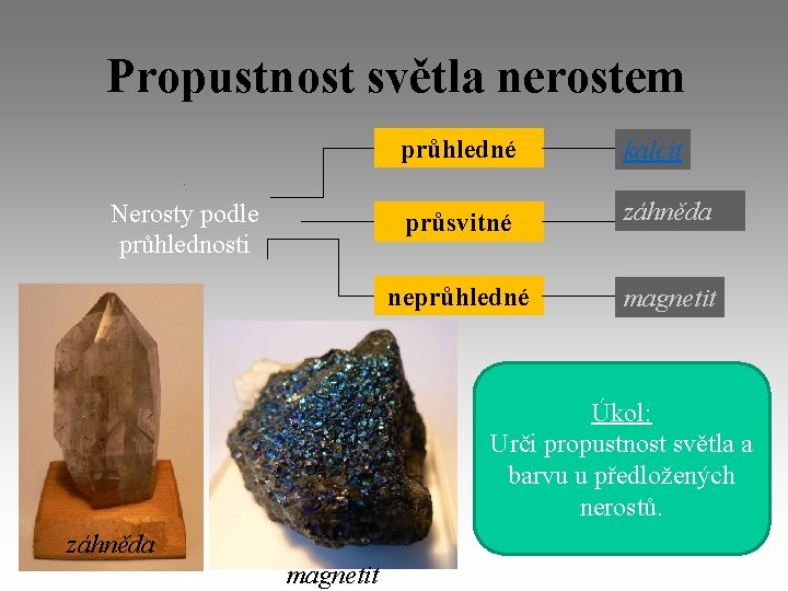 Propustnost světla nerostem Nerosty podle průhlednosti průhledné kalcit průsvitné záhněda neprůhledné magnetit Úkol: Urči