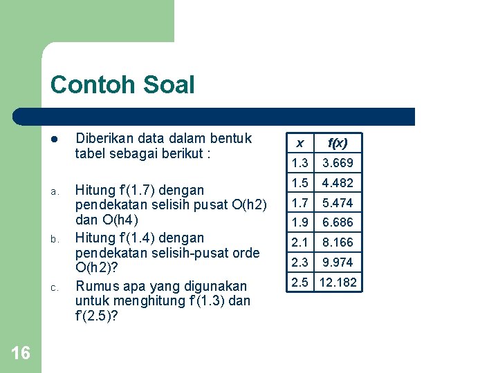 Contoh Soal l a. b. c. 16 Diberikan data dalam bentuk tabel sebagai berikut
