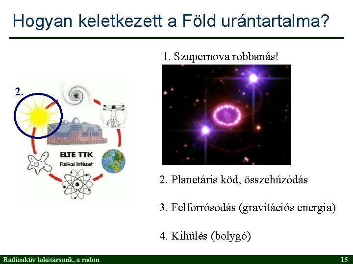 Hogyan keletkezett a Föld urántartalma? 1. Szupernova robbanás! 2. Planetáris köd, összehúzódás 3. Felforrósodás