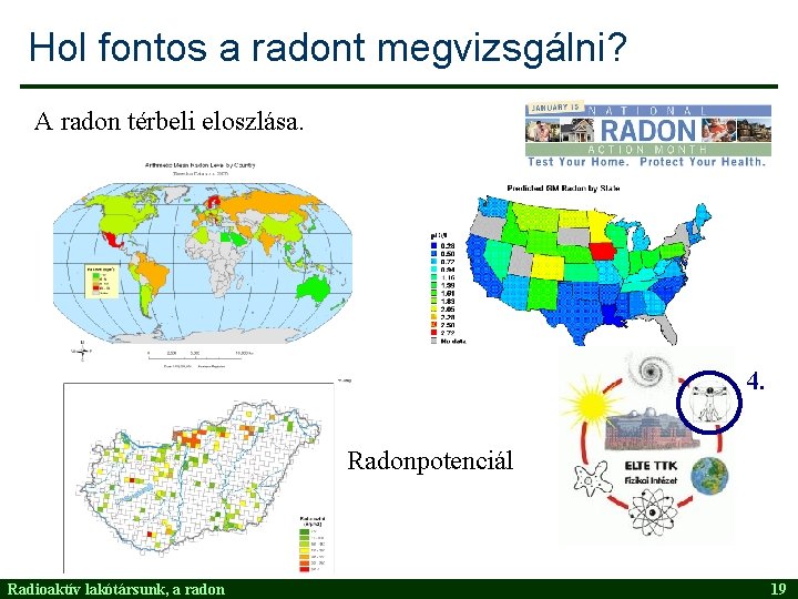 Hol fontos a radont megvizsgálni? A radon térbeli eloszlása. 4. Radonpotenciál Radioaktív lakótársunk, a