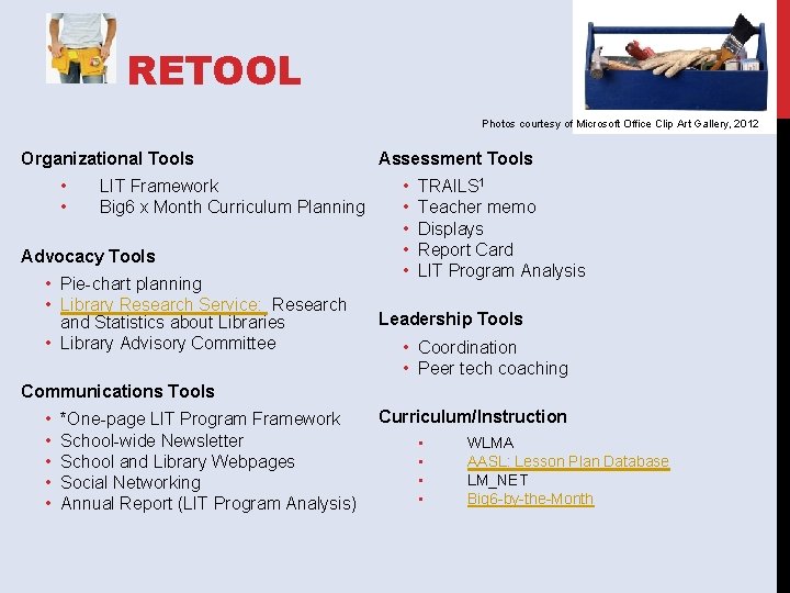 RETOOL Photos courtesy of Microsoft Office Clip Art Gallery, 2012 Organizational Tools • •