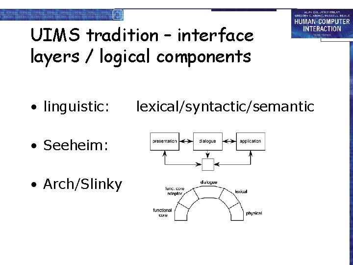UIMS tradition – interface layers / logical components • linguistic: • Seeheim: • Arch/Slinky