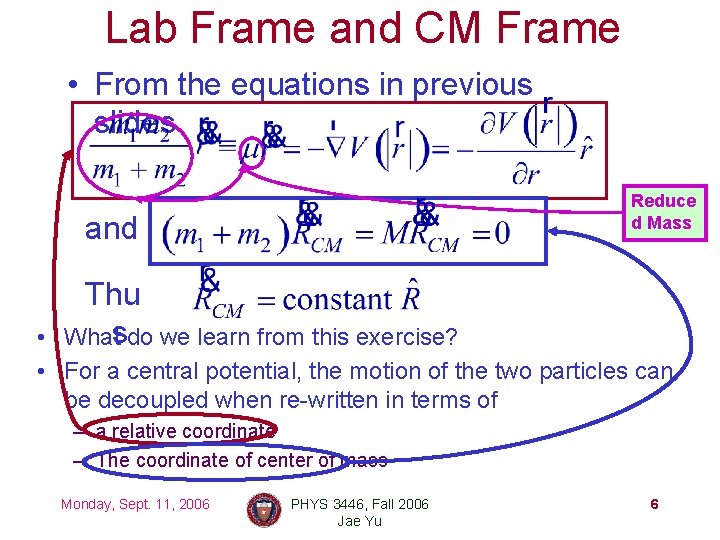 Lab Frame and CM Frame • From the equations in previous slides Reduce d