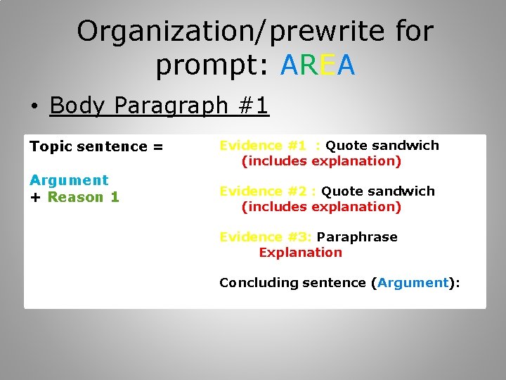 Organization/prewrite for prompt: AREA • Body Paragraph #1 Topic sentence = Argument + Reason