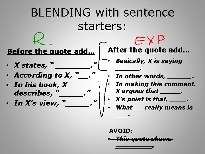 BLENDING with sentence starters: Before the quote add… • X states, “ _______. ”