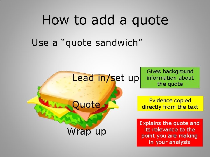 How to add a quote Use a “quote sandwich” Lead in/set up Gives background