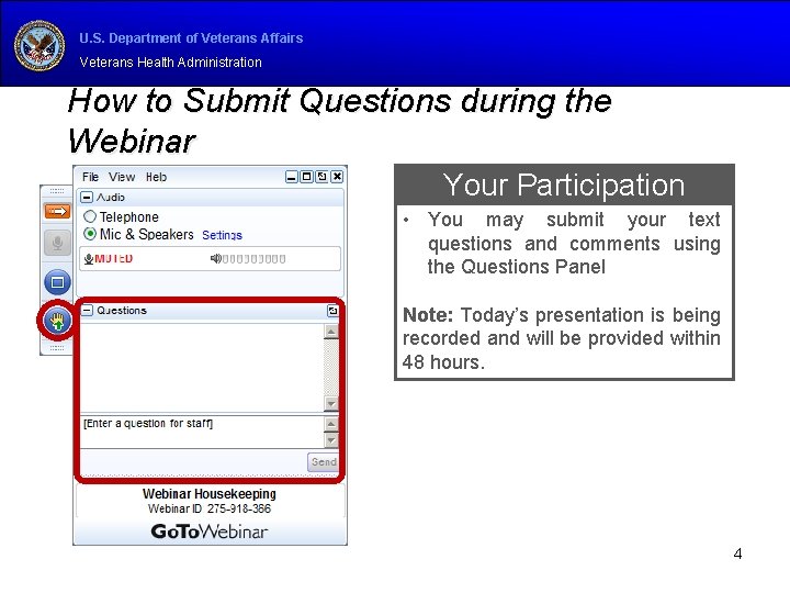 U. S. Department of Veterans Affairs Veterans Health Administration How to Submit Questions during