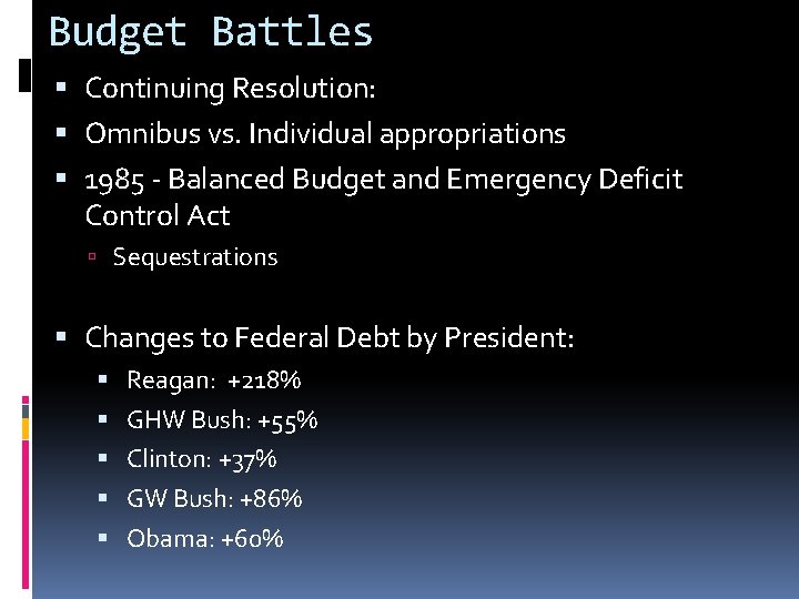 Budget Battles Continuing Resolution: Omnibus vs. Individual appropriations 1985 - Balanced Budget and Emergency