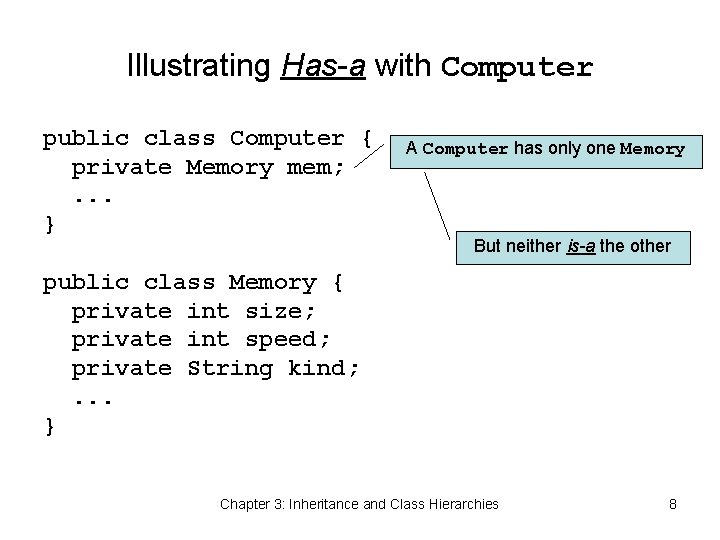 Illustrating Has-a with Computer public class Computer { private Memory mem; . . .