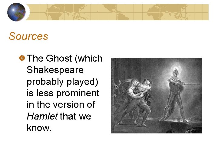 Sources The Ghost (which Shakespeare probably played) is less prominent in the version of