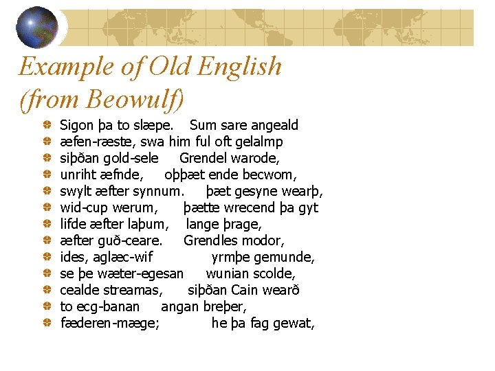 Example of Old English (from Beowulf) Sigon þa to slæpe. Sum sare angeald æfen-ræste,