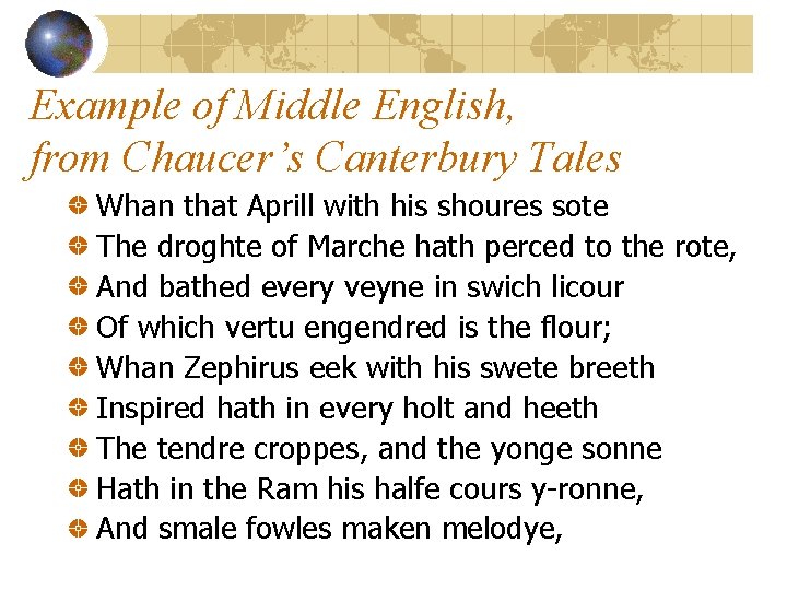 Example of Middle English, from Chaucer’s Canterbury Tales Whan that Aprill with his shoures