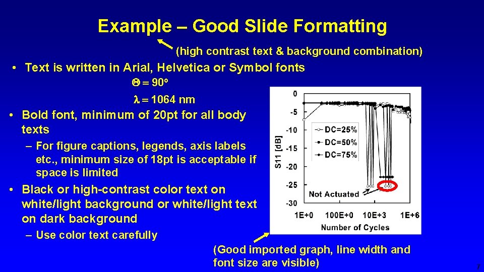 Example – Good Slide Formatting (high contrast text & background combination) • Text is