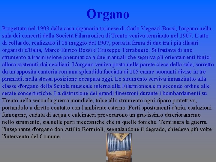 Organo Progettato nel 1903 dalla casa organaria torinese di Carlo Vegezzi Bossi, l'organo nella