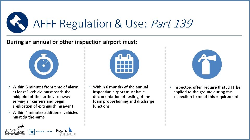 AFFF Regulation & Use: Part 139 During an annual or other inspection airport must: