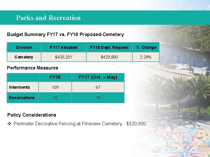 Parks and Recreation Budget Summary FY 17 vs. FY 18 Proposed-Cemetery Division FY 17