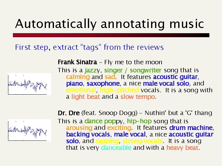 Automatically annotating music First step, extract “tags” from the reviews Frank Sinatra - Fly