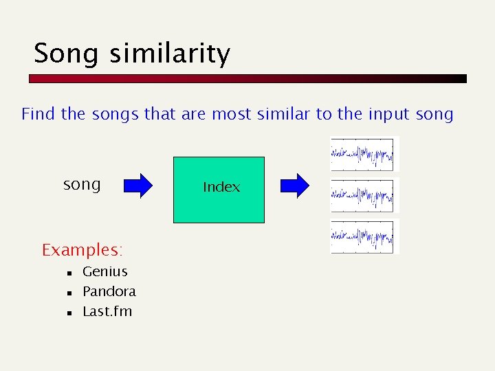 Song similarity Find the songs that are most similar to the input song Examples: