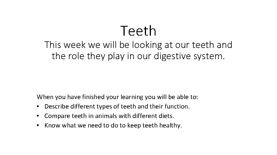 Teeth This week we will be looking at our teeth and the role they