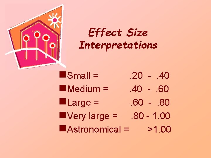 § Effect Size Interpretations g. Small = . 20 -. 40 g. Medium =.