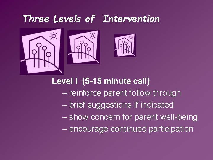 Three Levels of Intervention Level I (5 -15 minute call) – reinforce parent follow