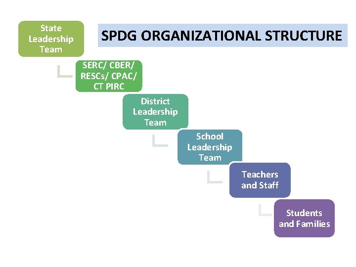 State Leadership Team SPDG ORGANIZATIONAL STRUCTURE SERC/ CBER/ RESCs/ CPAC/ CT PIRC District Leadership