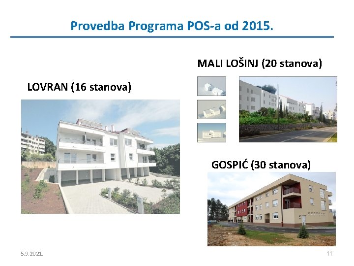 Provedba Programa POS-a od 2015. MALI LOŠINJ (20 stanova) LOVRAN (16 stanova) GOSPIĆ (30