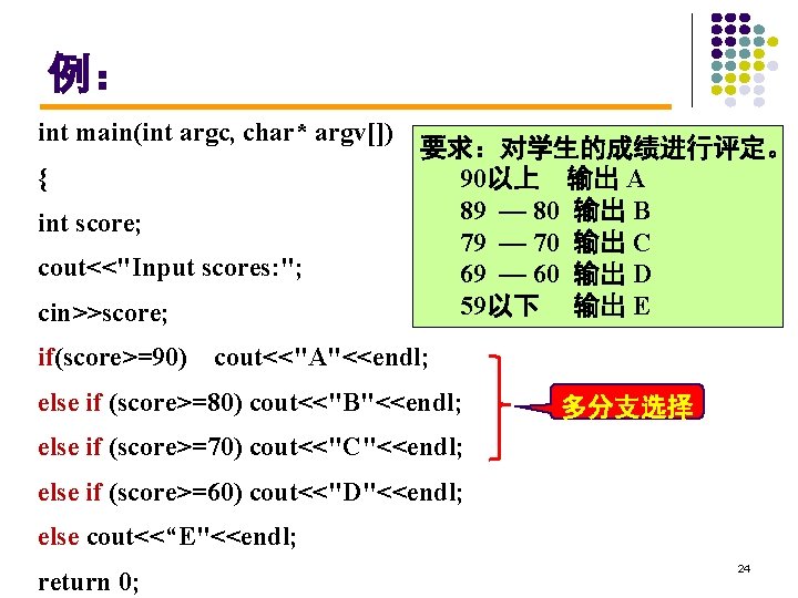 例： int main(int argc, char* argv[]) { int score; cout<<"Input scores: "; cin>>score; if(score>=90)