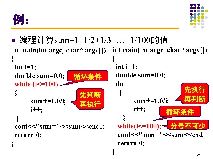 例： l 编程计算sum=1+1/2+1/3+…+1/100的值 int main(int argc, char* argv[]) { { int i=1; double sum=0.