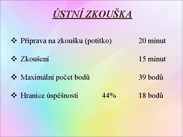 ÚSTNÍ ZKOUŠKA v Příprava na zkoušku (potítko) 20 minut v Zkoušení 15 minut v