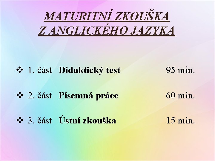 MATURITNÍ ZKOUŠKA Z ANGLICKÉHO JAZYKA v 1. část Didaktický test 95 min. v 2.