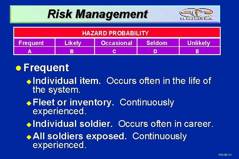 Risk Management HAZARD PROBABILITY Frequent Likely A B Occasional C Seldom D Unlikely E