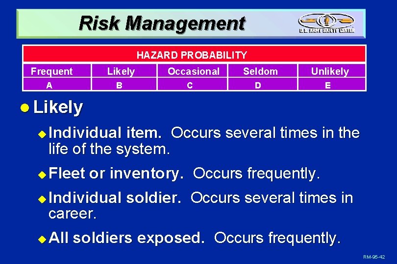 Risk Management HAZARD PROBABILITY Frequent Likely A B Occasional C Seldom Unlikely D E