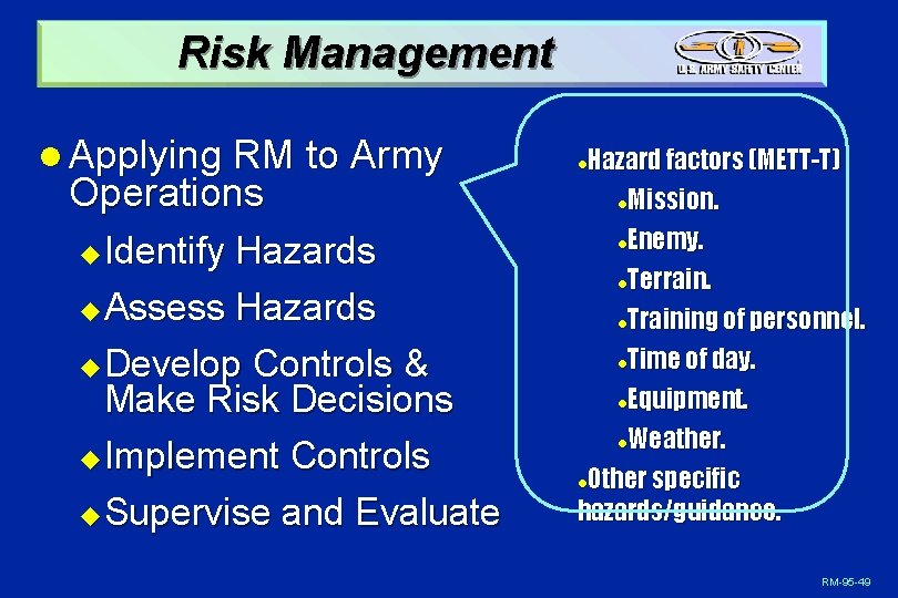 Risk Management l Applying RM to Army Operations Identify Hazards u Assess Hazards u