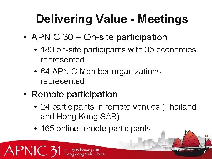 Delivering Value - Meetings • APNIC 30 – On-site participation • 183 on-site participants