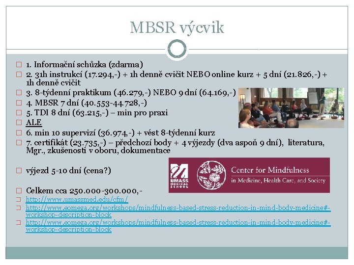 MBSR výcvik � 1. Informační schůzka (zdarma) � 2. 31 h instrukcí (17. 294,