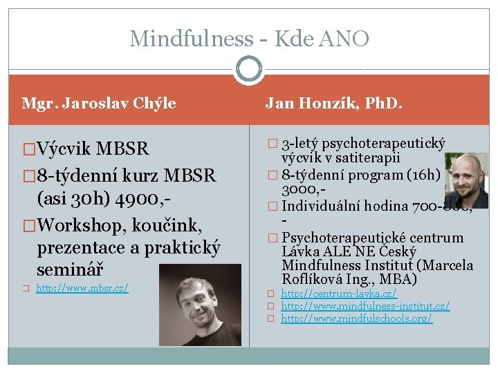 Mindfulness - Kde ANO Mgr. Jaroslav Chýle Jan Honzík, Ph. D. �Výcvik MBSR �