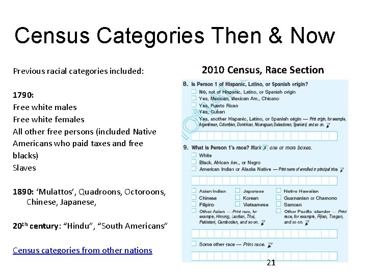 Census Categories Then & Now Previous racial categories included: 2010 Census, Race Section 1790: