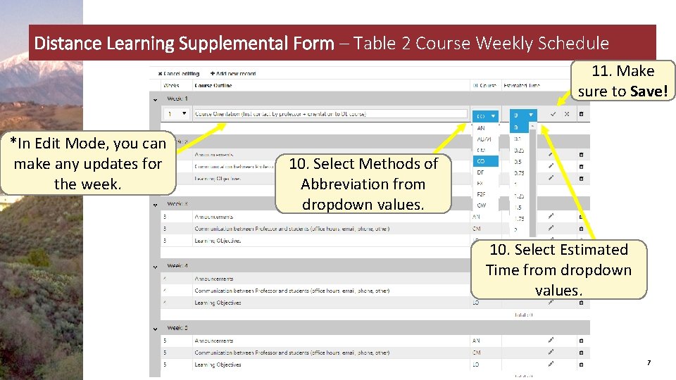 Distance Learning Supplemental Form – Table 2 Course Weekly Schedule 11. Make sure to