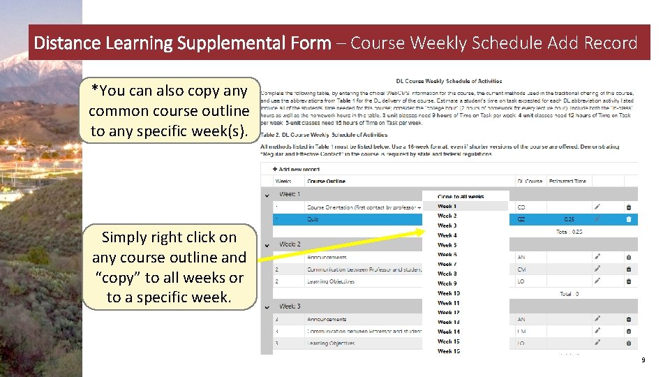 Distance Learning Supplemental Form – Course Weekly Schedule Add Record *You can also copy