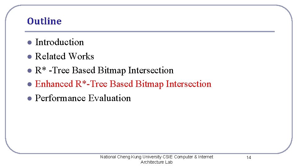 Outline l l l Introduction Related Works R* -Tree Based Bitmap Intersection Enhanced R*-Tree