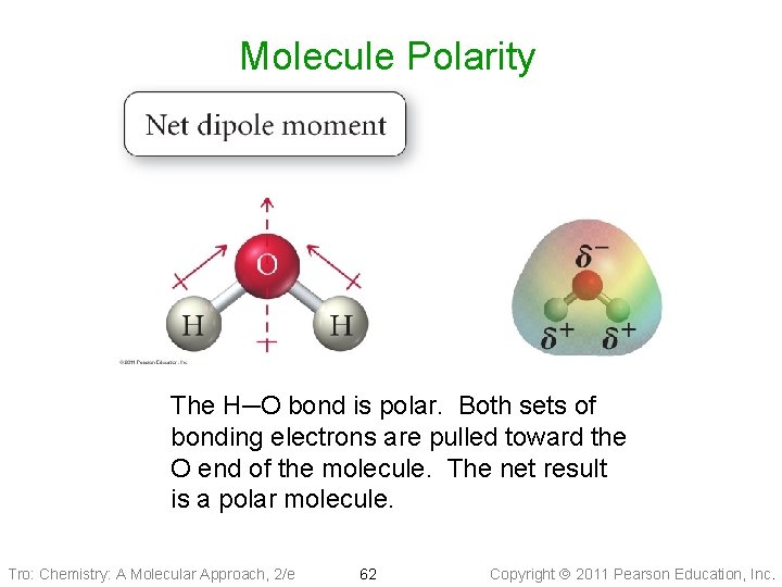 Molecule Polarity The H─O bond is polar. Both sets of bonding electrons are pulled