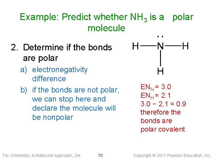Example: Predict whether NH 3 is a polar molecule 2. Determine if the bonds