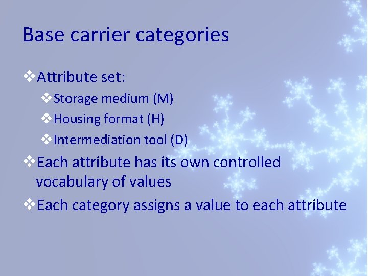 Base carrier categories v. Attribute set: v. Storage medium (M) v. Housing format (H)