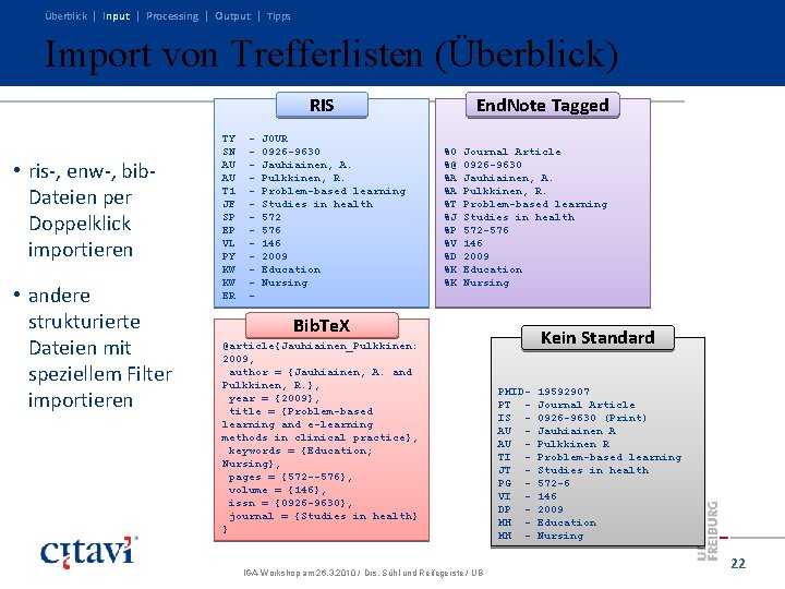 Überblick | Input | Processing | Output | Tipps Import von Trefferlisten (Überblick) RIS Überblick | Input | Processing | Output | Tipps Import von Trefferlisten (Überblick) RIS