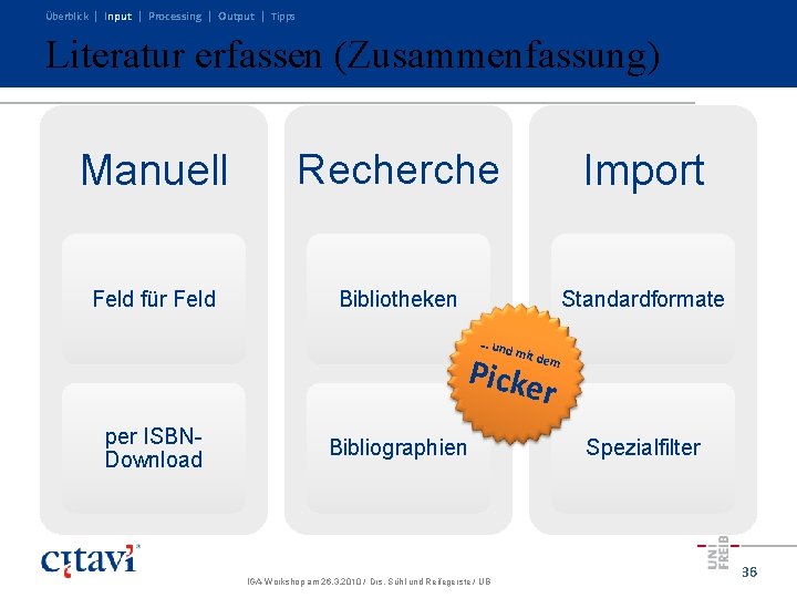 Überblick | Input | Processing | Output | Tipps Literatur erfassen (Zusammenfassung) Manuell Recherche Überblick | Input | Processing | Output | Tipps Literatur erfassen (Zusammenfassung) Manuell Recherche